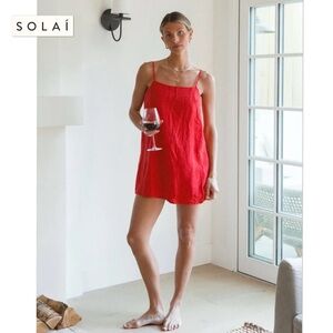 SOLAI Sicily Linen Mini Dress Red S Boho Coastal Spaghetti Strap Summer Sundress